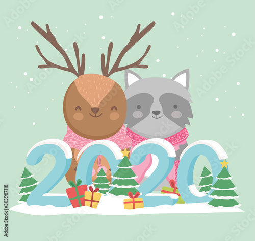 happy new year 2020 celebration reindeer raccoon trees gifts snow