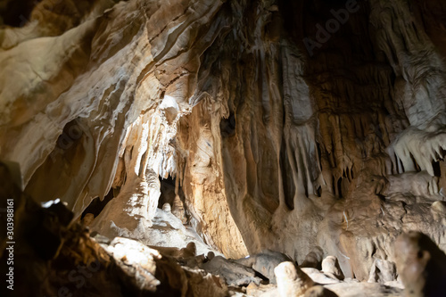 Moravian Karst. Stalactites, stalagmites and streak formations in cave of Balzarca. Czech Republic