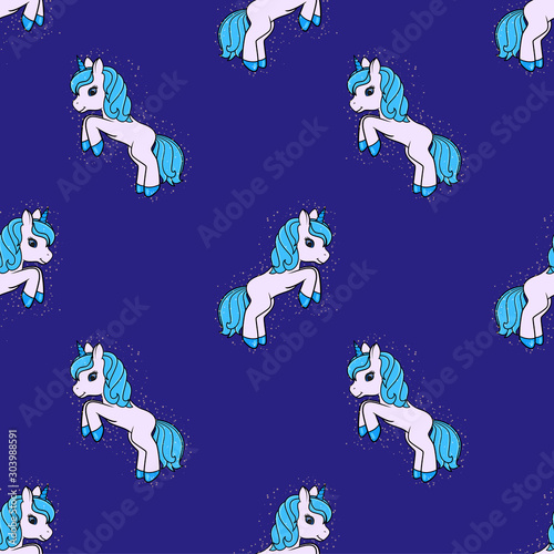 Seamless pattern with c ute Cartoon Unicorn with golden sparkles on dark background. Vector illustration