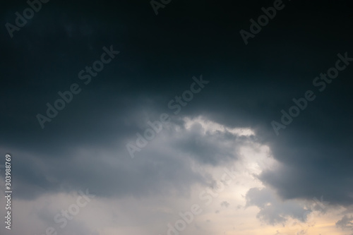Dark black clouds swarm before rain on background