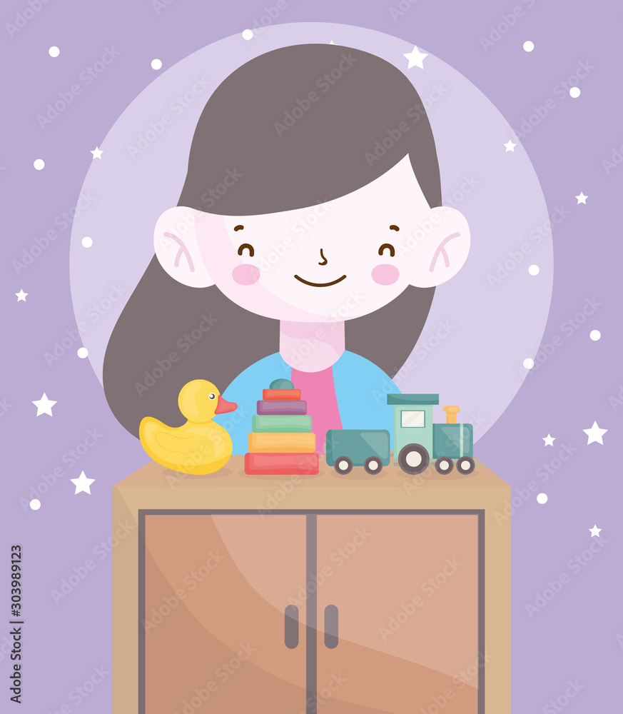 happy little girl furniture with duck train toys