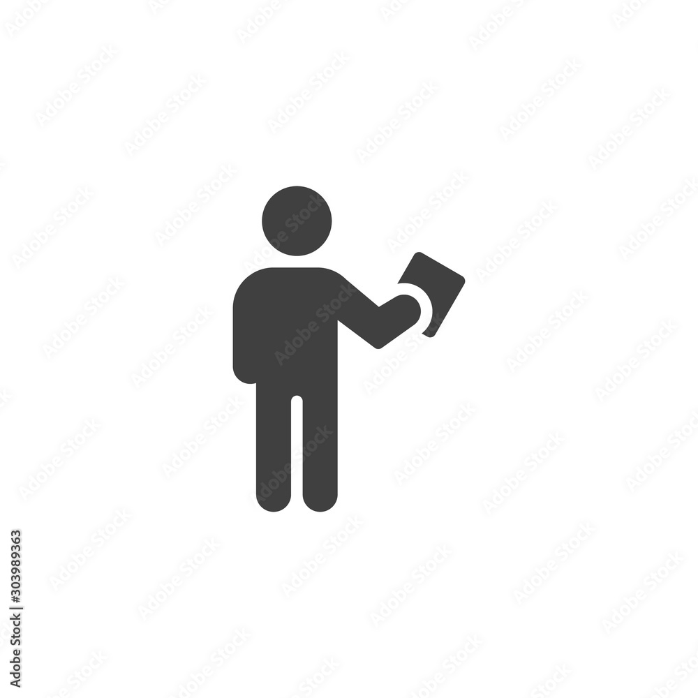 Man with paper document vector icon. filled flat sign for mobile concept and web design. Man holds document glyph icon. Symbol, logo illustration. Vector graphics Man with paper document vector icon. filled flat sign for mobile concept and web design. Man holds document glyph icon. Symbol, logo illustration. Vector graphics