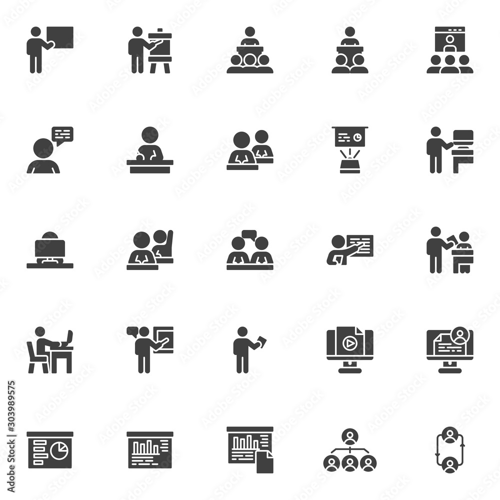 Business training vector icons set, modern solid symbol collection, filled style pictogram pack. Signs, logo illustration. Set includes icons as Employee replacement, business presentation screen Business training vector icons set, modern solid symbol collection, filled style pictogram pack. Signs, logo illustration. Set includes icons as Employee replacement, business presentation screen