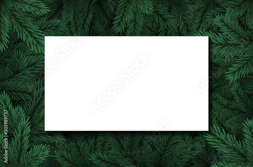 Christmas tree branches background. Holiday's Background Happy New Year. Christmas tree frame. Design for banner, post