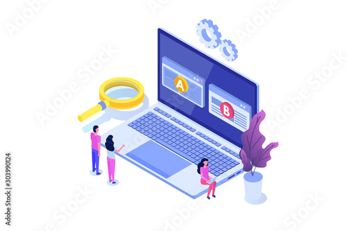A-B comparison. Split testing isometric concept. Vector illustration.