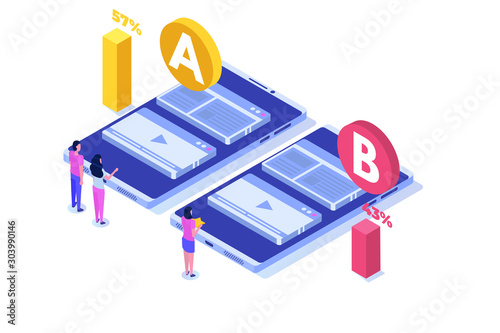 A-B comparison. Split testing isometric concept. Vector illustration.