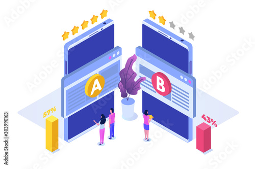 A-B comparison. Split testing isometric concept. Vector illustration.