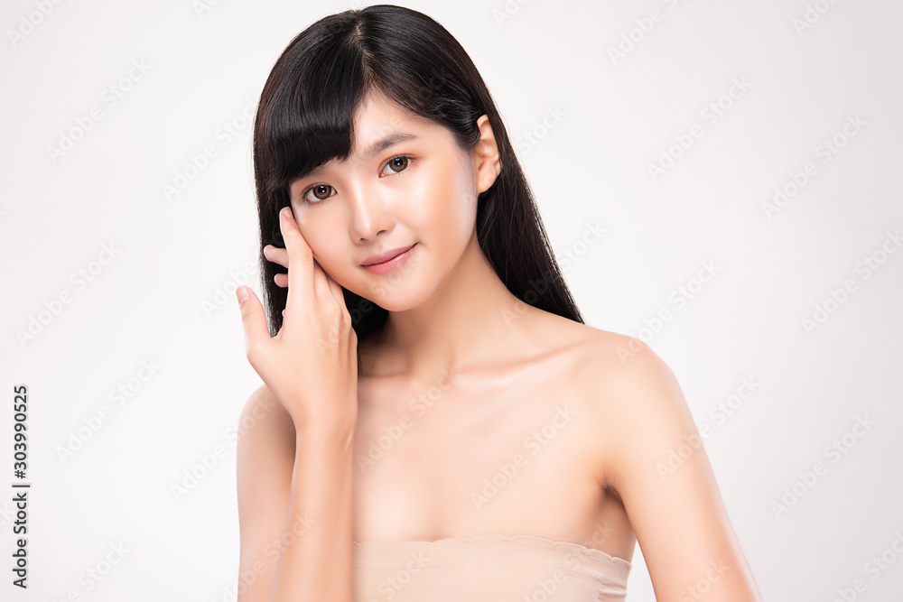 Beautiful young Asian woman touching soft cheek and smile with clean and fresh skin. Happiness and cheerful with, isolated on white background, Beauty and Cosmetics Concept, Beautiful young Asian woman touching soft cheek and smile with clean and fresh skin. Happiness and cheerful with, isolated on white background, Beauty and Cosmetics Concept,