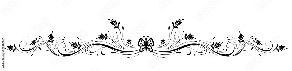 Vintage floral ornament with butterfly for greeting card isolated on white background - obrazy, fototapety, plakaty 
