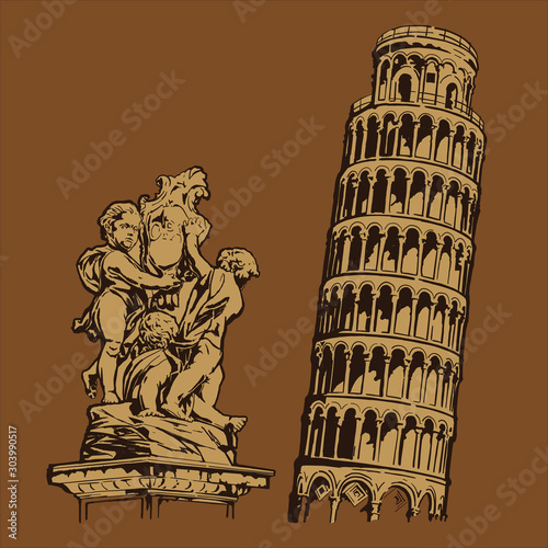 Tower of Pisa. Sketch Italy Vector.