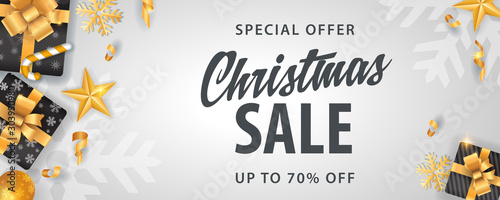 Christmas sale banner white background template with glitter gold elements, snowflakes, stars, gifts