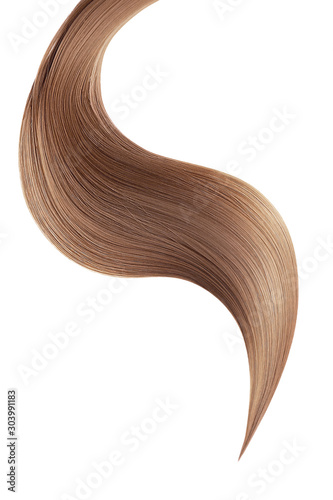 Brown shiny hair on white background, isolated. Long ponytail