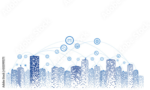 Plakat Komunikacja i tworzenie sieci w społeczeństwie cyfrowym. Tło nieba. Koncepcja miasta przyszłości lub inteligentnego miasta.