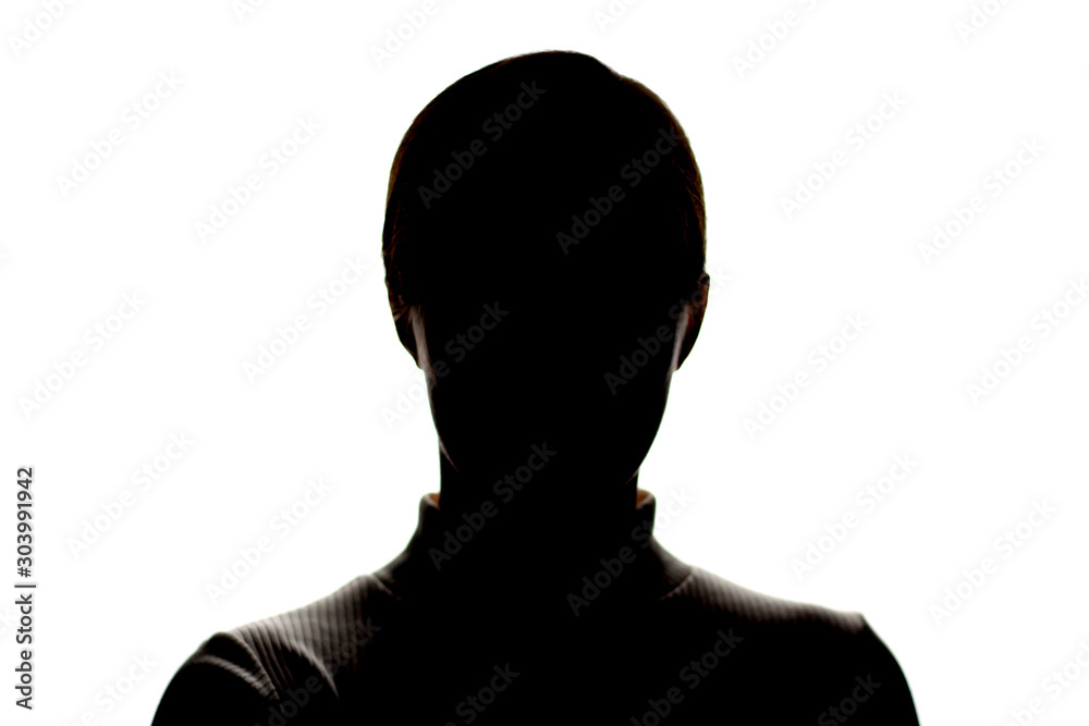 Dark silhouette of a young girl on white background, front view, concept of anonymity
