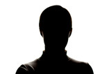 Dark silhouette of a young girl on white background, front view, concept of anonymity