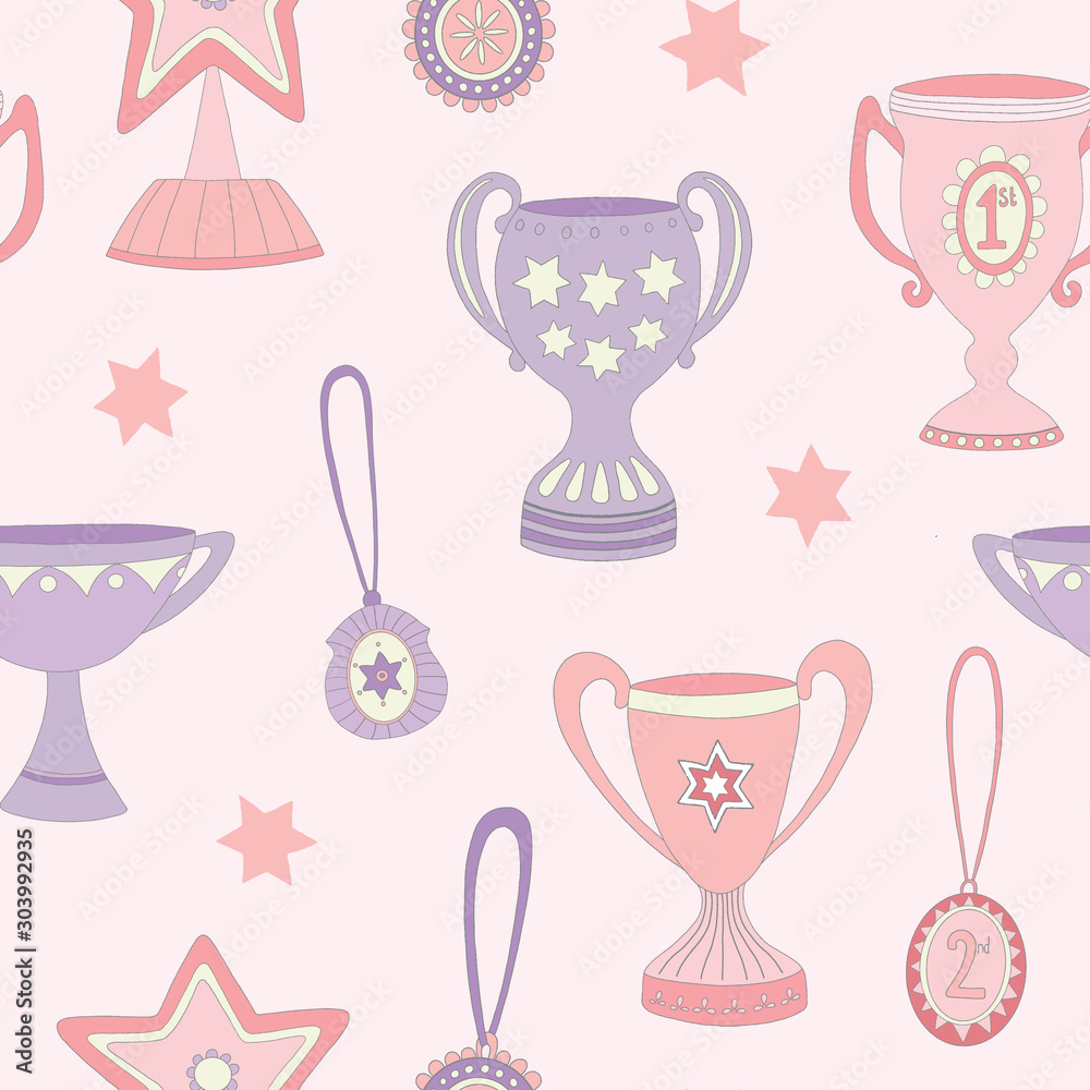 Trophy and medal vector seamless repeat pattern background in pink and purple. Trophy and medal vector seamless repeat pattern background in pink and purple.