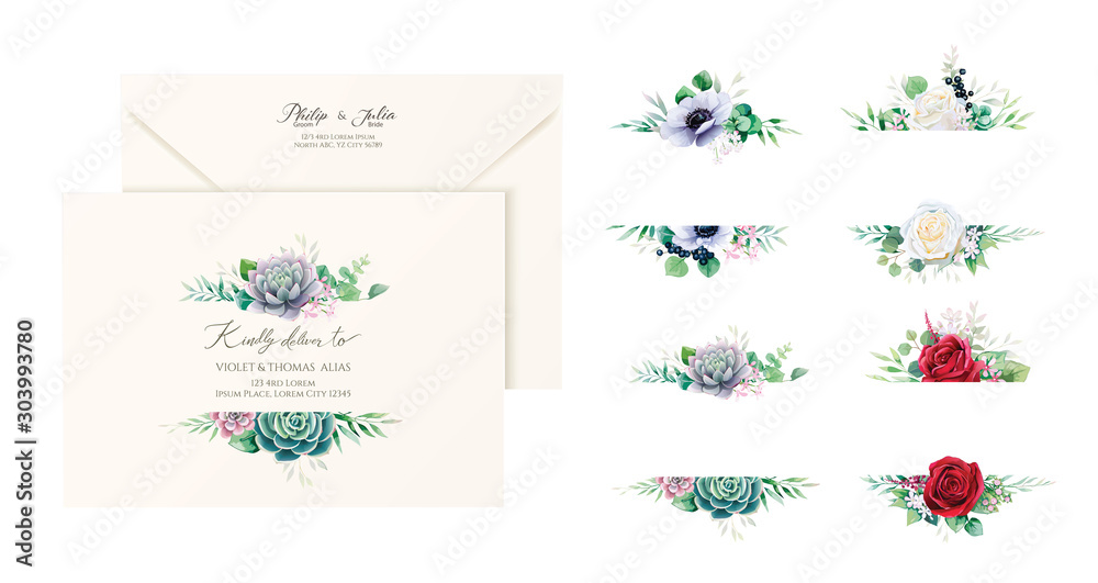 Set of beautiful floral labels and badges for wedding envelope address, banners or backdrop. Succulent, red and white rose, Anemone flower image. All elements are isolated and editable. Vector