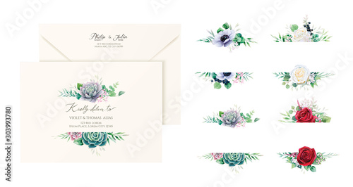 Set of beautiful floral labels and badges for wedding envelope address, banners or backdrop. Succulent, red and white rose, Anemone flower image. All elements are isolated and editable. Vector