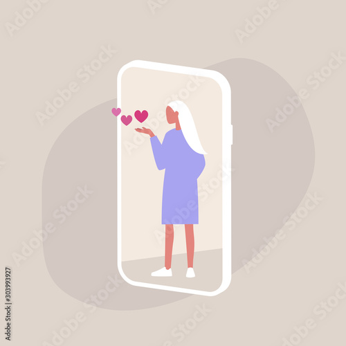 Saint valentine's day, young female character blowing kisses on a smartphone screen, millennial lifestyle