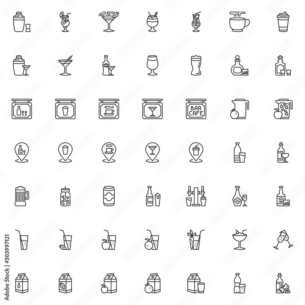 Drinks and Beverages line icons set. linear style symbols collection, outline signs pack. vector graphics. Set includes icons as cocktail milkshake, alcoholic drinks, shaker with glass shot, water Drinks and Beverages line icons set. linear style symbols collection, outline signs pack. vector graphics. Set includes icons as cocktail milkshake, alcoholic drinks, shaker with glass shot, water