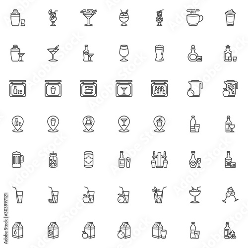 Drinks and Beverages line icons set. linear style symbols collection, outline signs pack. vector graphics. Set includes icons as cocktail milkshake, alcoholic drinks, shaker with glass shot, water
