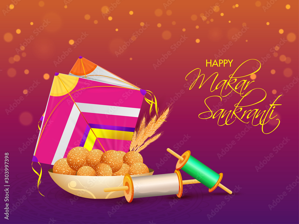 Φωτογραφία Calligraphy of Happy Makar Sankranti with Indian sweet (Laddu), colorful kite, string spool on purple and orange bokeh background