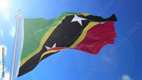 Saint Kitts and Nevis animated flag in the wind with blue sky in the background, green screen, blue screen or isolated background and the flag on the full background, all in one animated flag pack. photo