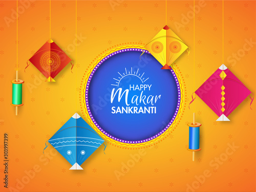 Happy Makar Sankranti greeting card design decorated with hanging colorful kite's and string spool on orange background.