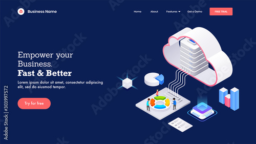 3D cloud server connected with infographic element like as pie chart, bar graph and chip for Empower Your Business Fast & Better concept based landing page design.