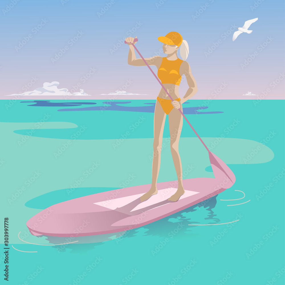 Young slender girl on a paddle with an oar on a background of blue sky and turquoise sea.