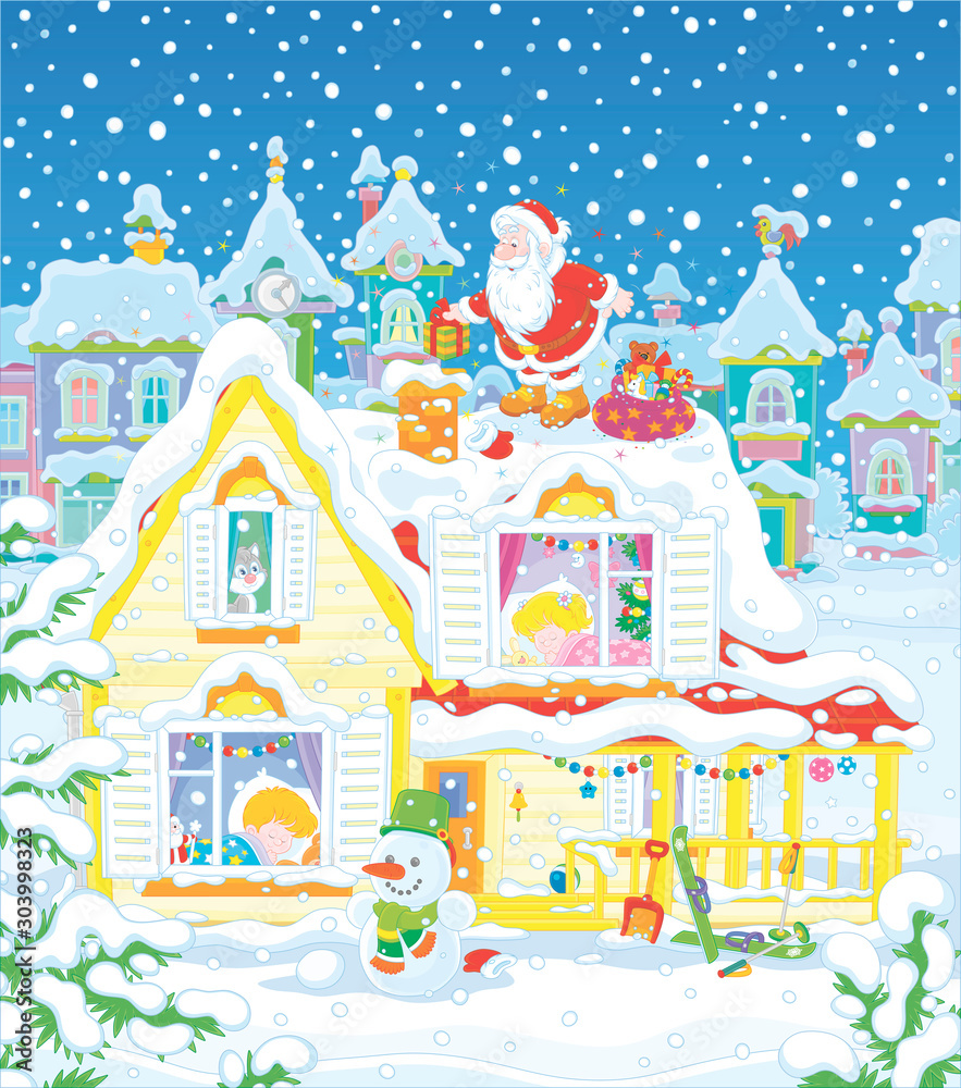 Santa Claus with holiday gifts near a chimney on a snow-covered rooftop of a house with sleeping children on a snowy night before Christmas, vector cartoon illustration