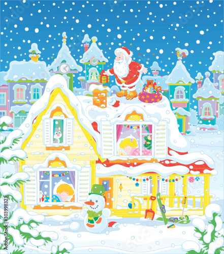 Santa Claus with holiday gifts near a chimney on a snow-covered rooftop of a house with sleeping children on a snowy night before Christmas, vector cartoon illustration