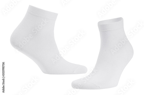 Blank white cotton medium socks on invisible foot isolated on white background as mock up for advertising, branding, design, front side, side view, template.