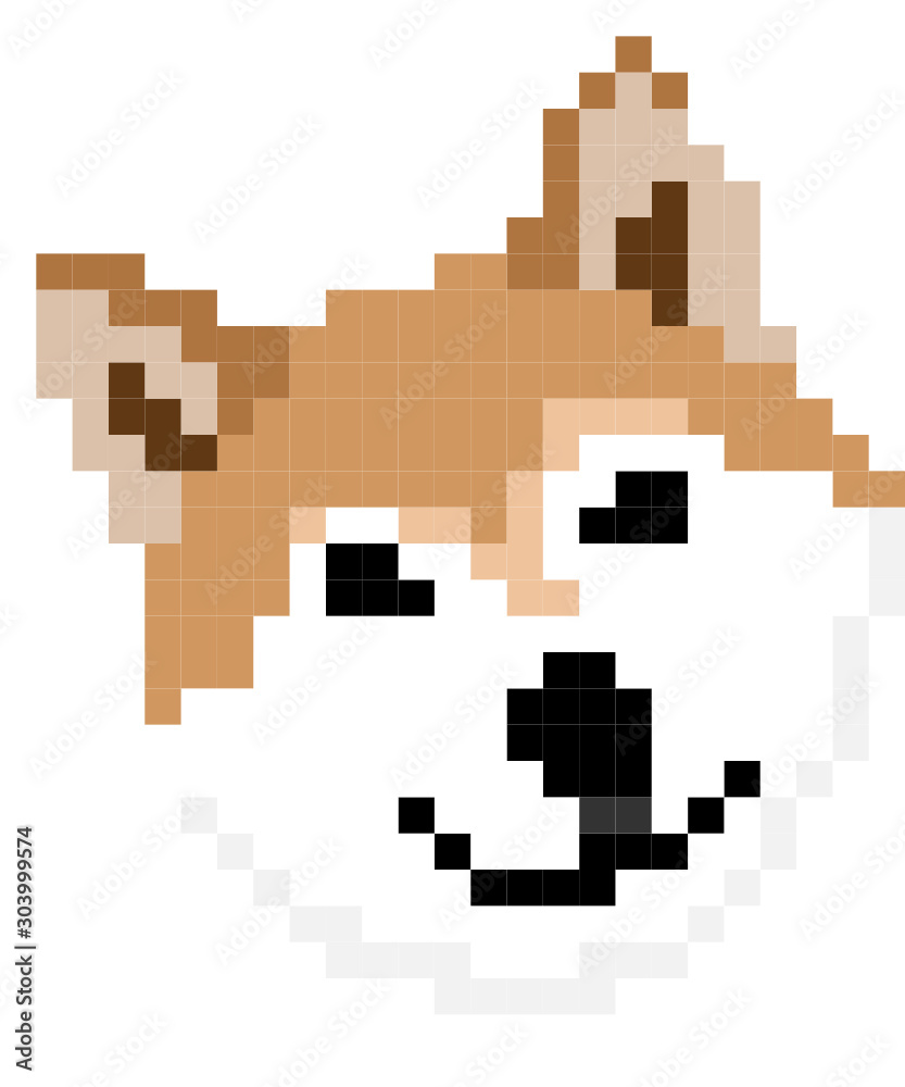 Vector pixel art Shiba Inu dog isolated on white background.