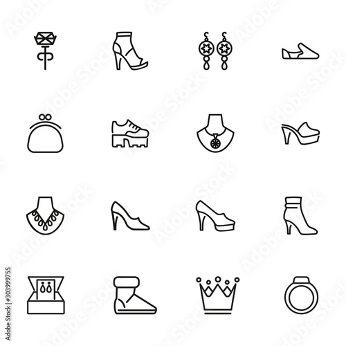 Accessories line icon set. Shoes, purse, necklace. Fashion concept. Can be used for topics like style, trend, jewelry