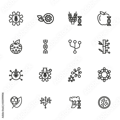 Agricultural technologies line icon set. Set of line icons on white background. Biotechnology concept. DNA structure, appe, chemistry. Vector illustration can be used for topics like science, biology