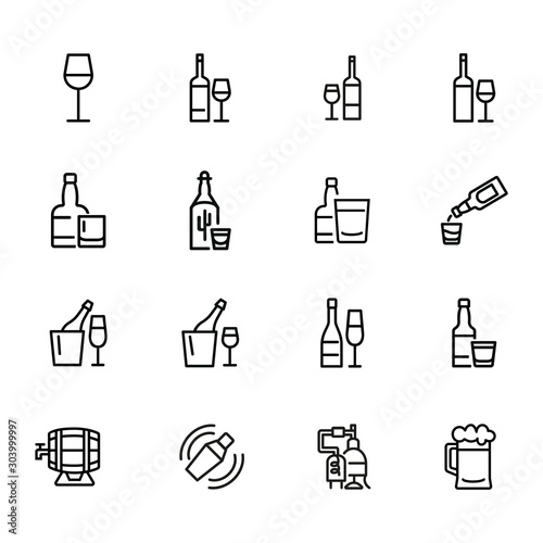 Alcohol and beverage icons. Set of line icons on white background. Glass, bottle, wine. Bar concept. Vector illustration can be used for topics like restaurant, alcohol, party