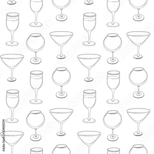 Hand-drawn sketch of wine glass. Seamless glassware background. Glassware pattern. Black and white style. Vintage.