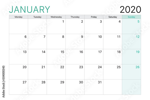 2020 January illustration vector desk calendar