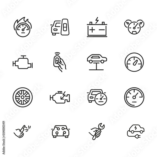 Auto service icon. Set of line icon on white background. Speedometer, engine, wheel. Car mechanics concept. Vector illustration can be used for topics like transportation, service, cars