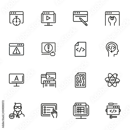 Backend developing line icon set. Set of line icons on white background. Technology concept. Program, computer, screen. Vector illustration can be used for topics like internet, computer, progress