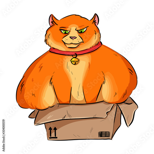 Funny fat overweight cat trying to fit into a cardboard Box. Humor cartoon style illustration