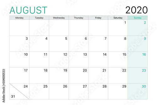 2020 August illustration vector desk calendar