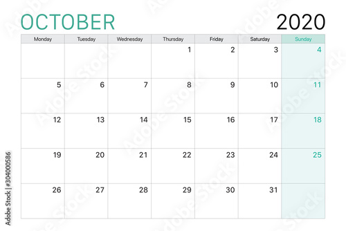 2020 October illustration vector desk calendar