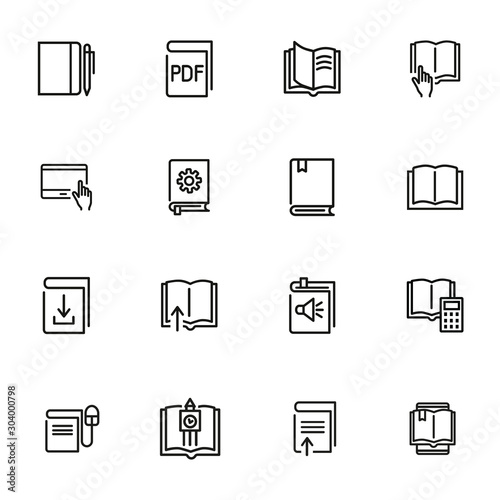 Book icon set. Line icons collection on white background. Reading, information, knowledge. Education concept. Can be used for topics like school, literature, bookstore