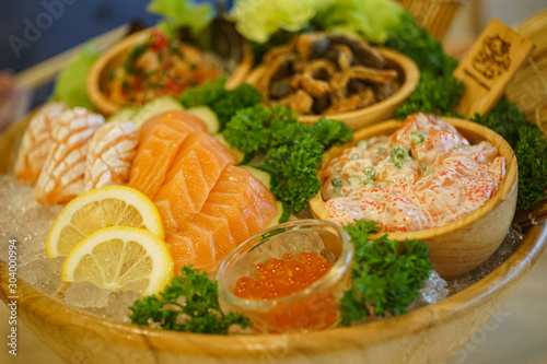 Mixed Sashimi set in Japanese restaurant. Japanese food, selective focus 
