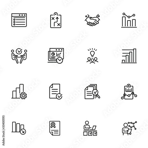 Business line icon set. Strategy, handshake, brainstorming, meeting. Business concept. Can be used for topics like analysis, marketing, management, deal