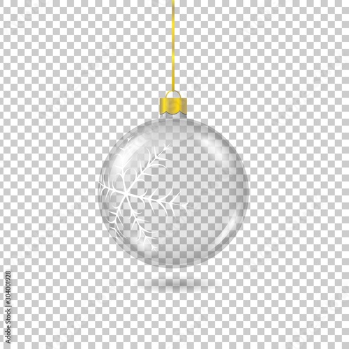 Vector transparent christmas tree ball with with gold eyelet isolated on checkered background. 3D illustration.