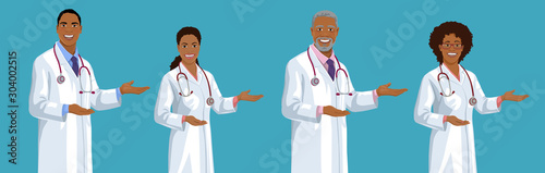 Set of smiling young and middle-aged African American doctors. Handsome men and cute women wearing a lab coat stands and points sideways by hand palm. Isolated vector illustration