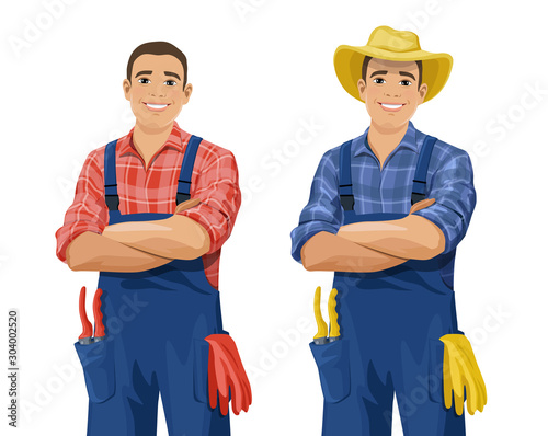 Cartoon farmer wearing checkered shirt, overall and hat stands with arm crossed. Smiling gardener with work gloves and hand pruners in his pocket. Vector illustration isolated on the white background.